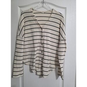 Heart & Hips Women Large Cream Black Striped Waffle Knit Button Front Top Cozy
